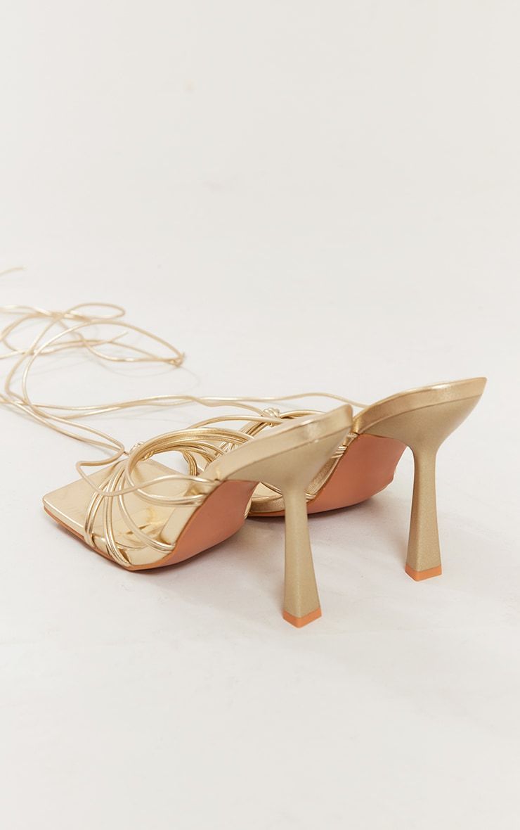 Gold Metallic Wide Fit Strappy Knot Detail Square Lace Up High Heeled Sandals sold by Pretty Little Thing product image thumbnail 4