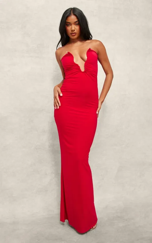Red Soft Touch Plunge Trim Detail Bandeau Maxi Dress sold by Pretty Little Thing
