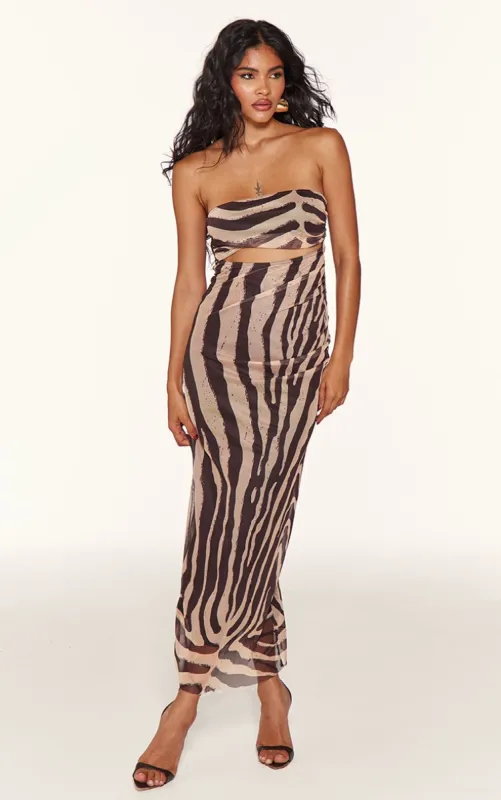 Brown Zebra Printed Bandeau Cut Out Midaxi Dress sold by Pretty Little Thing