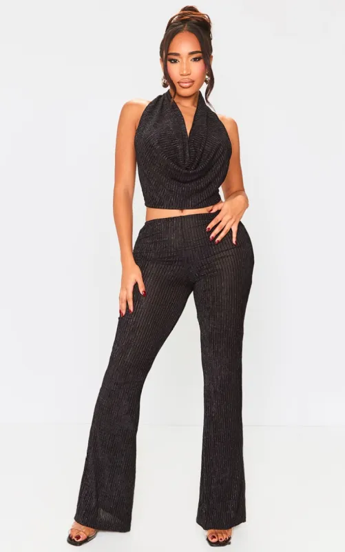 Shape Black Plisse Glitter High Waist Wide Leg Trousers sold by Pretty Little Thing