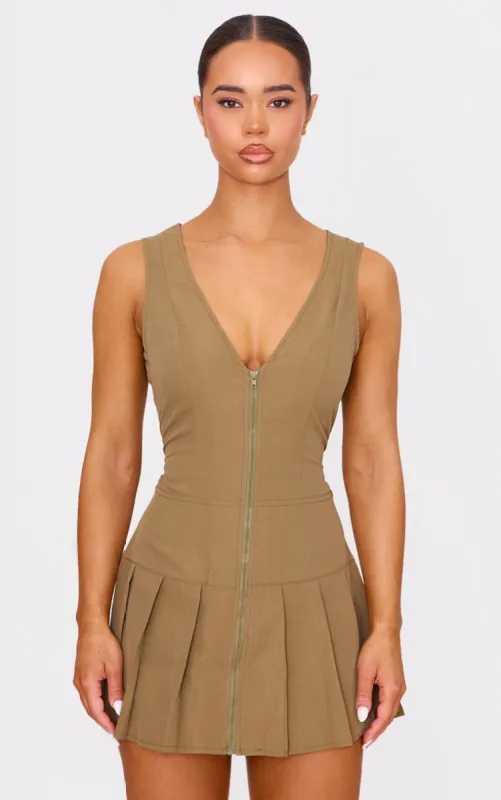 Khaki Tailored Woven Zip Pleated Shift Dress sold by Pretty Little Thing