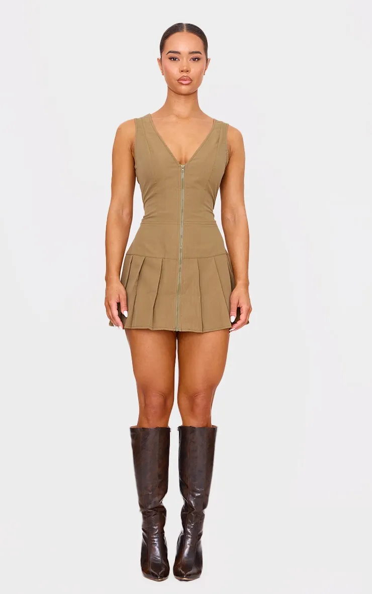 Khaki Tailored Woven Zip Pleated Shift Dress sold by Pretty Little Thing product image thumbnail 3