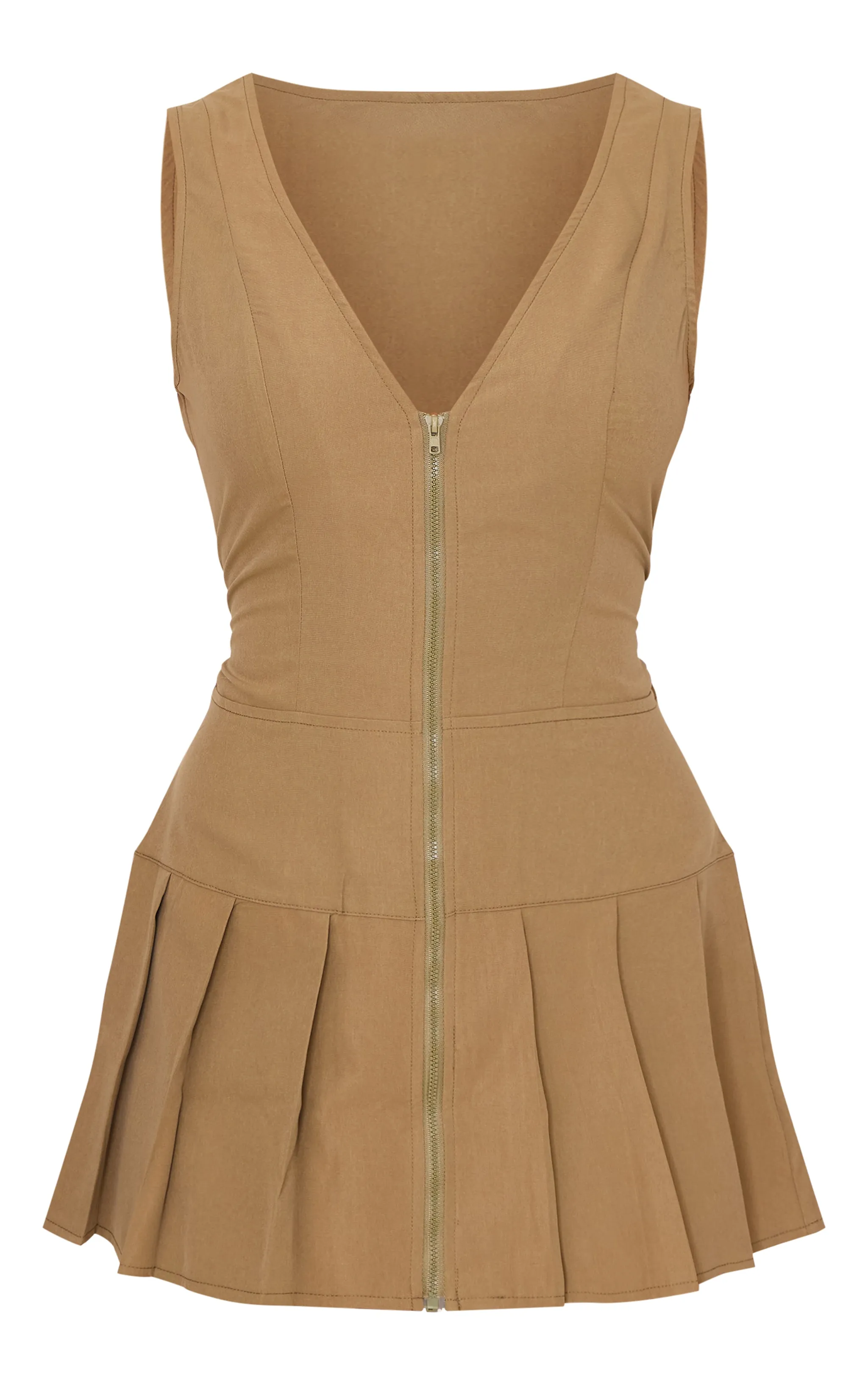 Khaki Tailored Woven Zip Pleated Shift Dress sold by Pretty Little Thing product image thumbnail 5