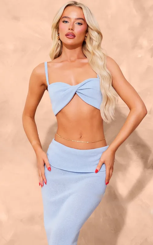 Sky Blue Knitted Twist Cami Crop Top made by Pretty Little Thing