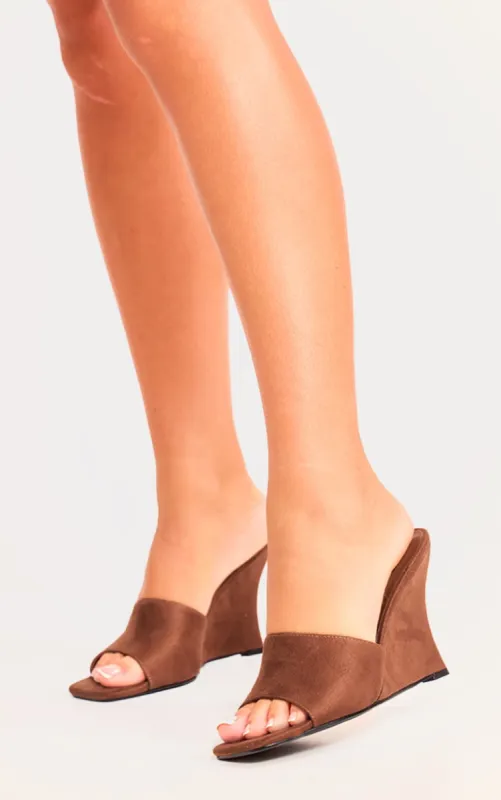 Chocolate Faux Suede Square Toe Wedge Heeled Sandals sold by Pretty Little Thing