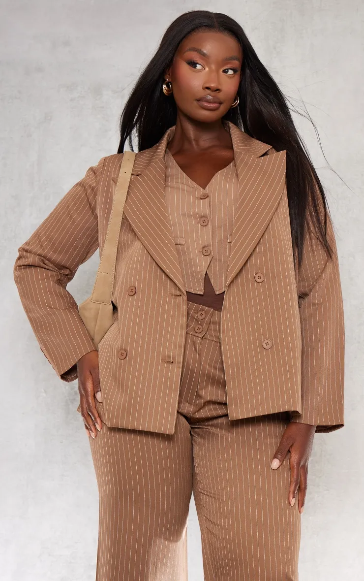 Plus Brown Oversized Stripe Tailored Blazer sold by Pretty Little Thing