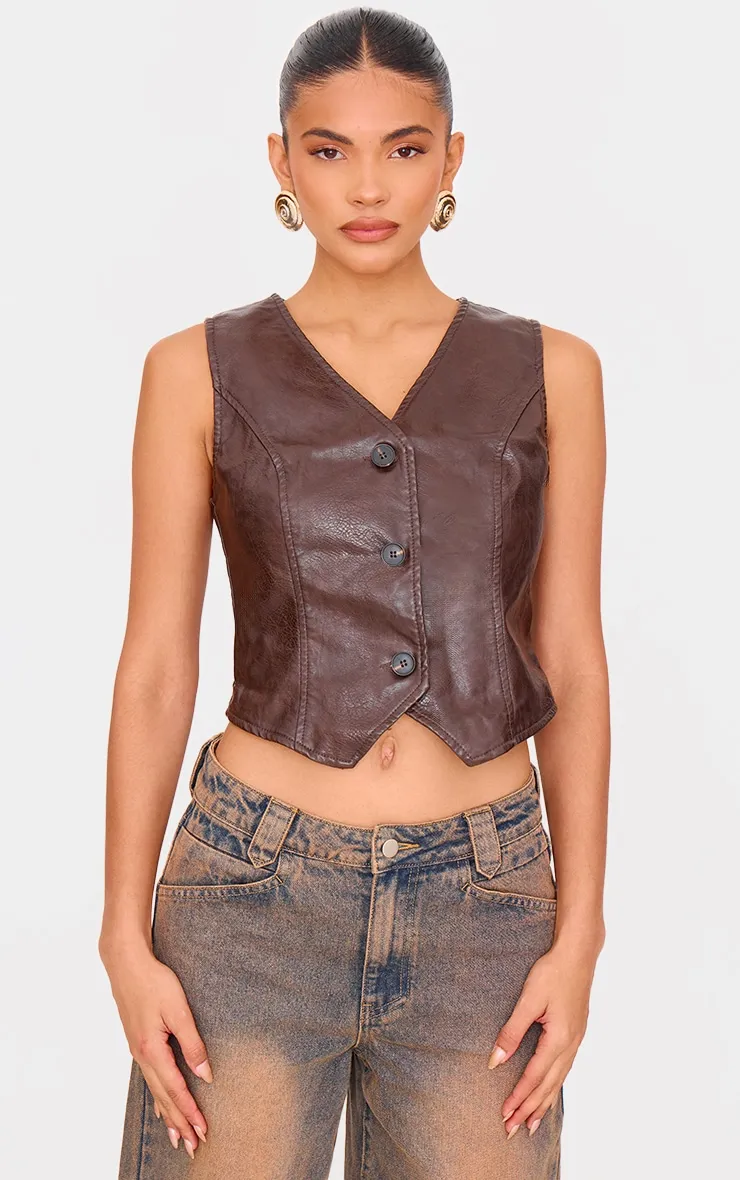Chocolate Washed Faux Leather Waistcoat sold by Pretty Little Thing