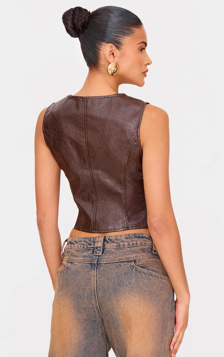 Chocolate Washed Faux Leather Waistcoat sold by Pretty Little Thing product image thumbnail 2