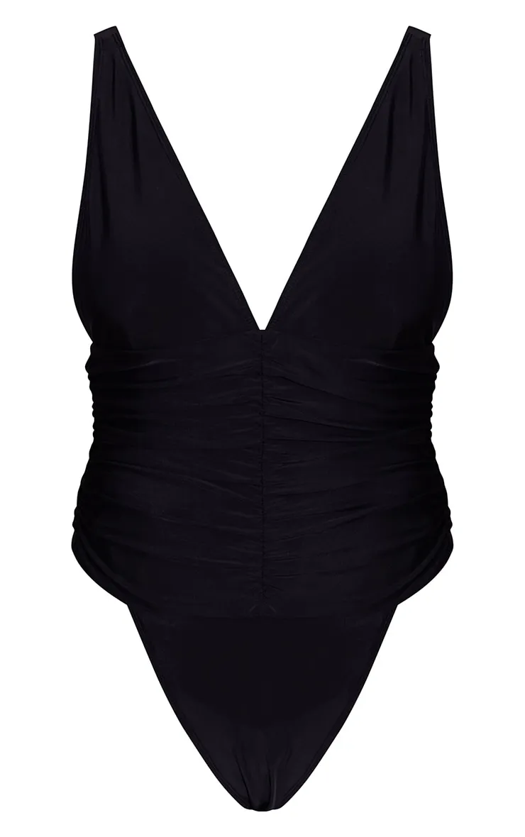 Black Ruched Waist High Leg Plunge Swimsuit sold by Pretty Little Thing product image thumbnail 5