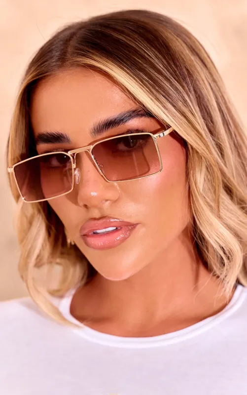 Beige Square Frame Slim Aviator Sunglasses sold by Pretty Little Thing