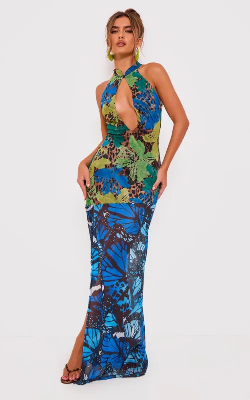 Blue Print Mesh Extreme Cut Out Maxi Dress sold by Pretty Little Thing