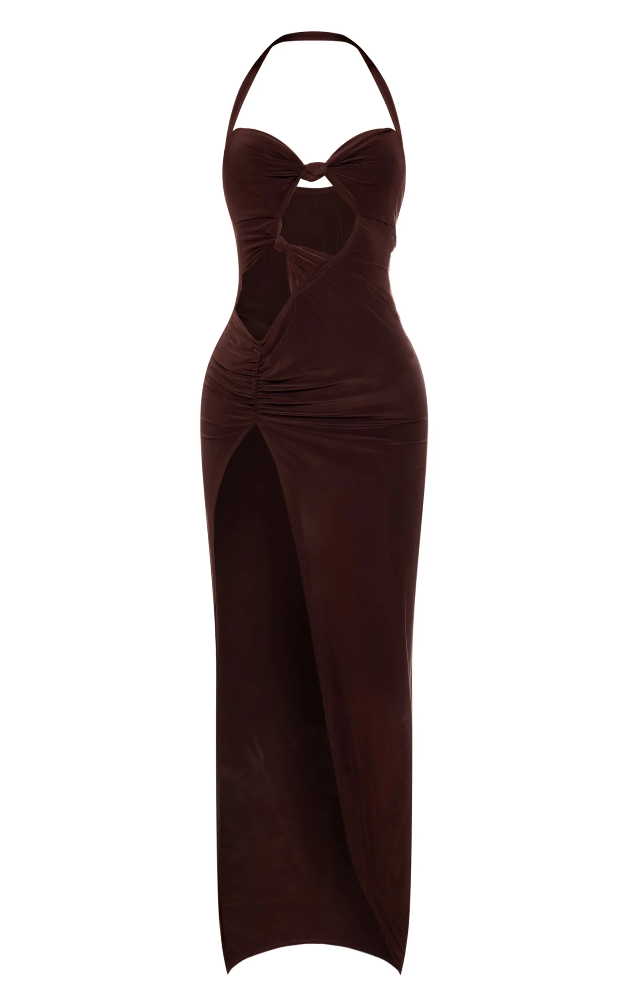 Chocolate Slinky Cut Out Knot Detail Split Maxi Dress sold by Pretty Little Thing product image thumbnail 5