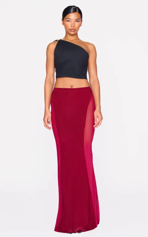 Burgundy Slinky Mesh Detail Maxi Skirt sold by Pretty Little Thing