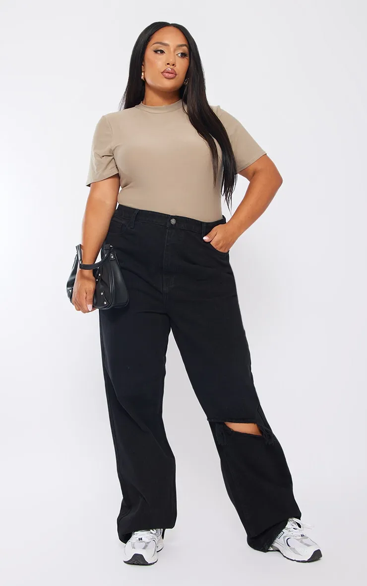 Plus Black Wash Open Knee Long Leg Straight Leg Jeans sold by Pretty Little Thing