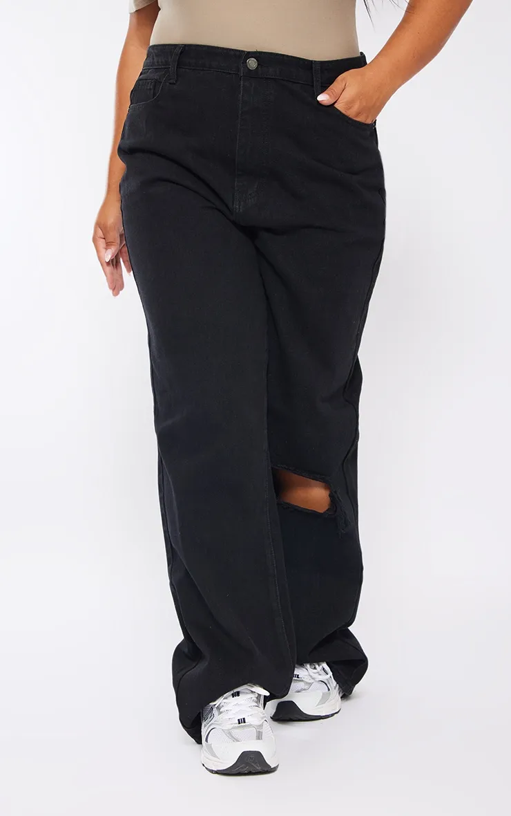 Plus Black Wash Open Knee Long Leg Straight Leg Jeans sold by Pretty Little Thing product image thumbnail 2