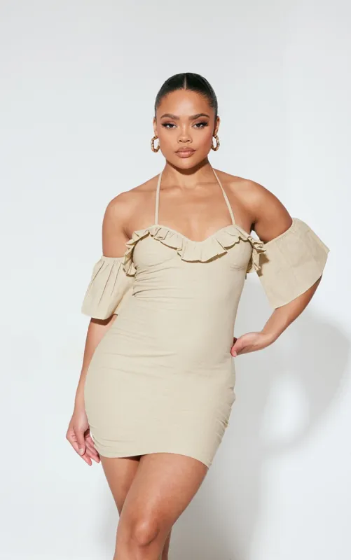 Sage Green Woven Frill Bardot Halter Cut Out Shift Dress made by Pretty Little Thing