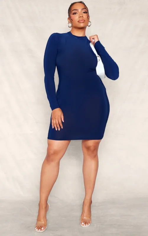 Plus Navy Soft Touch Long Sleeve Cut Out Back Mini Dress sold by Pretty Little Thing