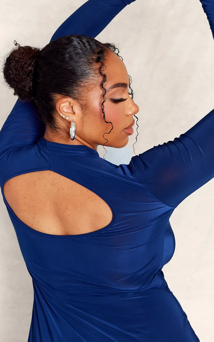 Plus Navy Soft Touch Long Sleeve Cut Out Back Mini Dress sold by Pretty Little Thing product image thumbnail 4