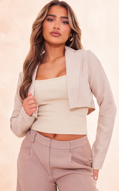 Oatmeal Linen Look Crop Blazer sold by Pretty Little Thing