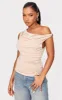 Beige Slinky Asymmetric Cowl Ruched Side Long Top sold by Pretty Little Thing