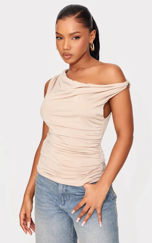 Beige Slinky Asymmetric Cowl Ruched Side Long Top sold by Pretty Little Thing