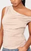 Beige Slinky Asymmetric Cowl Ruched Side Long Top sold by Pretty Little Thing
