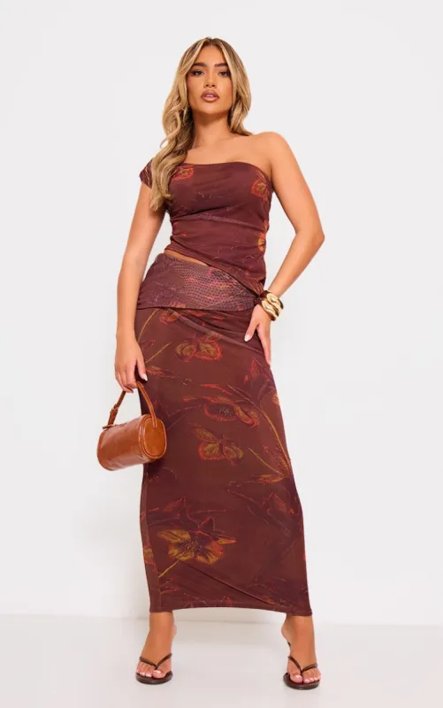 Brown Floral Print Low Rise Maxi Skirt sold by Pretty Little Thing