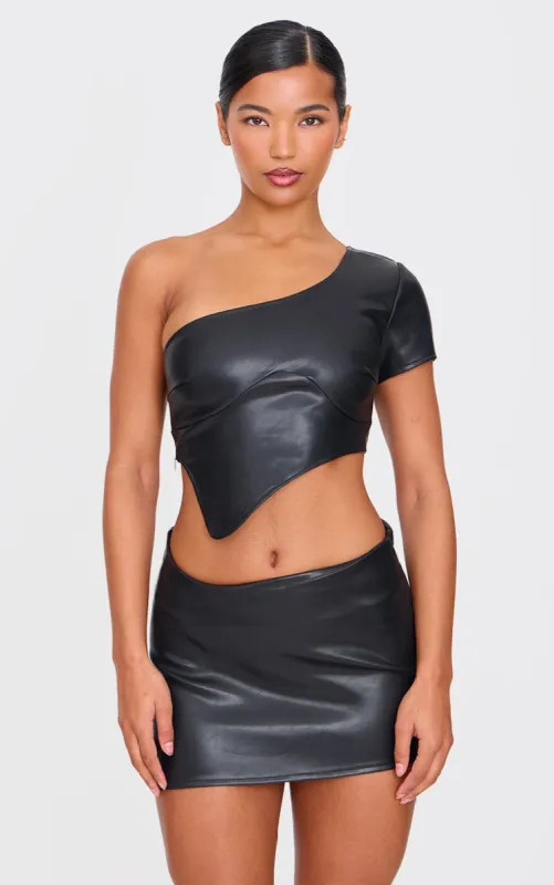 Black Faux Leather One Shoulder Asymmetric Crop Top sold by Pretty Little Thing