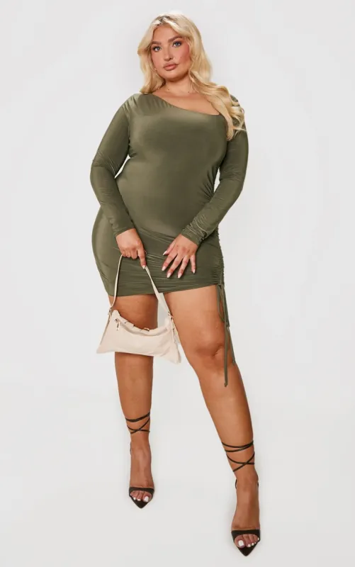 Plus Khaki Soft Touch Ruched Side Detail Mini Dress sold by Pretty Little Thing