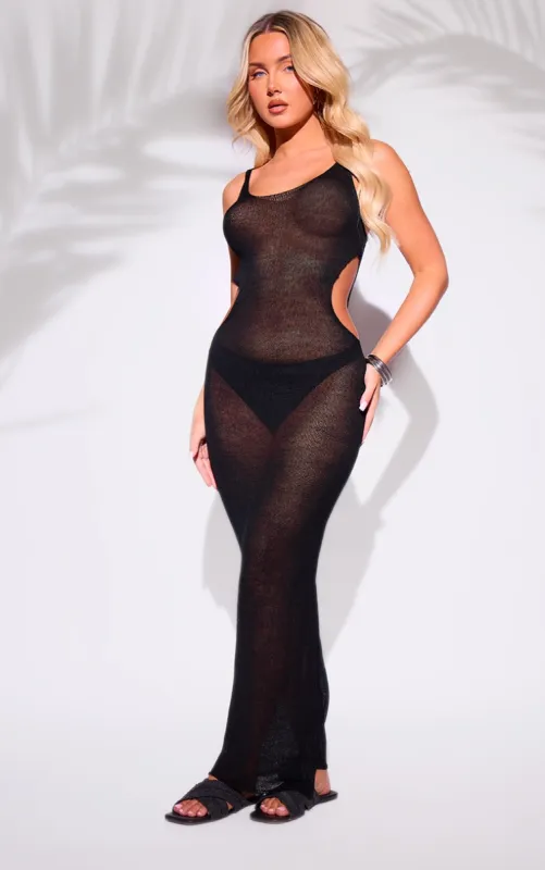 Black Crochet Cut Out Maxi Beach Dress sold by Pretty Little Thing