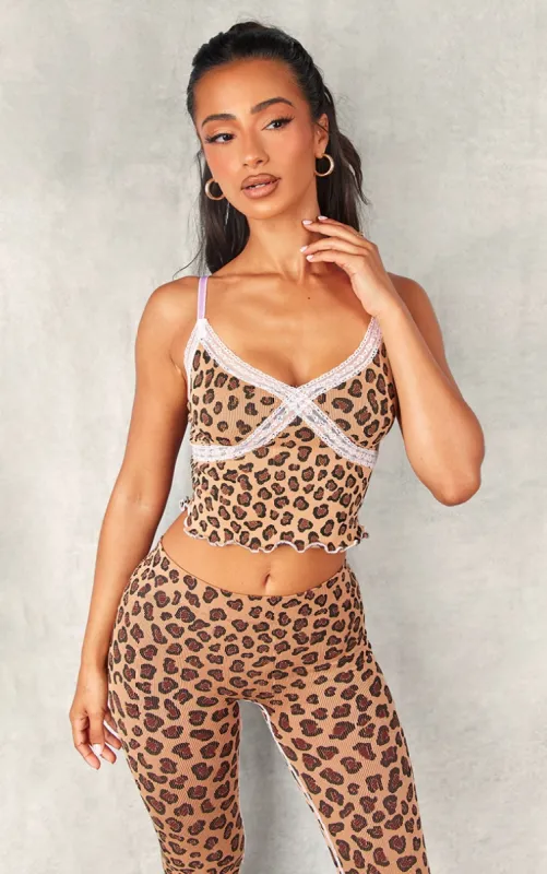 Petite Brown Leopard Print Ribbed Lace Trim Cami Top sold by Pretty Little Thing