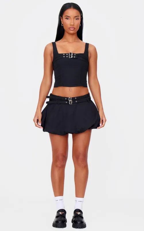 Black Twill Buckle Puff Ball Skirt sold by Pretty Little Thing