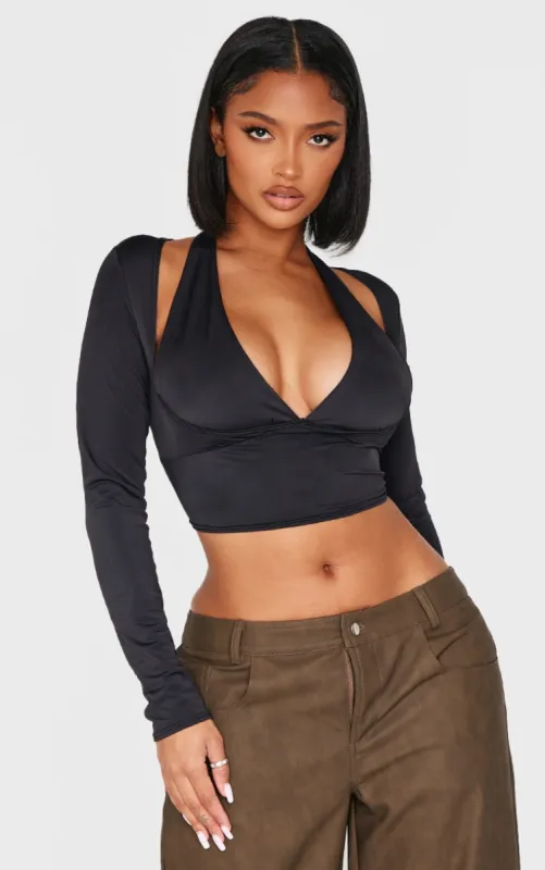 Shape Black Sculpt Plunge Front Halter Off Shoulder Top sold by Pretty Little Thing