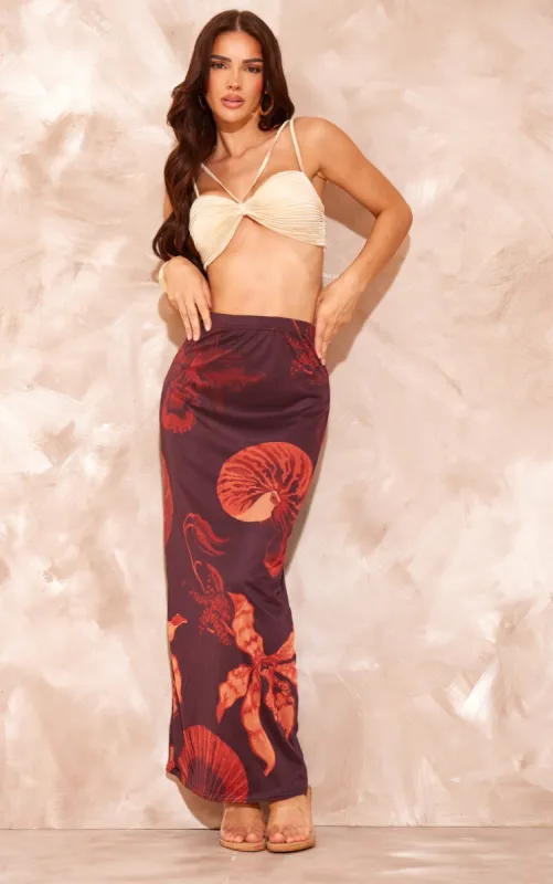 Brown Shell Printed Lined Mesh Maxi Skirt sold by Pretty Little Thing