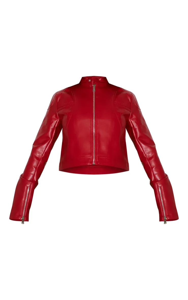 Cherry Red Faux Leather Cropped Biker Jacket sold by Pretty Little Thing product image thumbnail 5