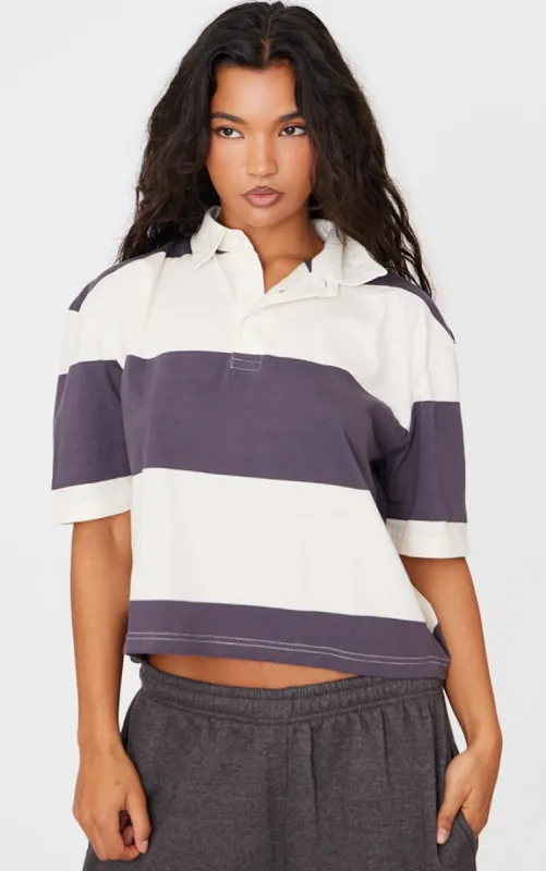Charcoal Striped Collared T Shirt sold by Pretty Little Thing