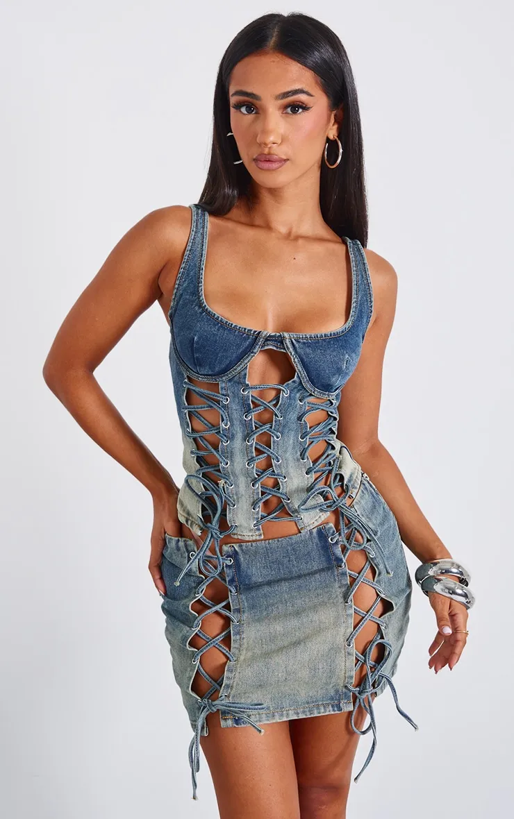 Petite Indigo Vintage Wash Lace Up Detail Denim Mini Skirt sold by Pretty Little Thing product image thumbnail 4