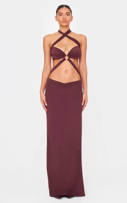 Chocolate Slinky Extreme Cut Out Ring Detail Cross Neck Maxi Dress sold by Pretty Little Thing