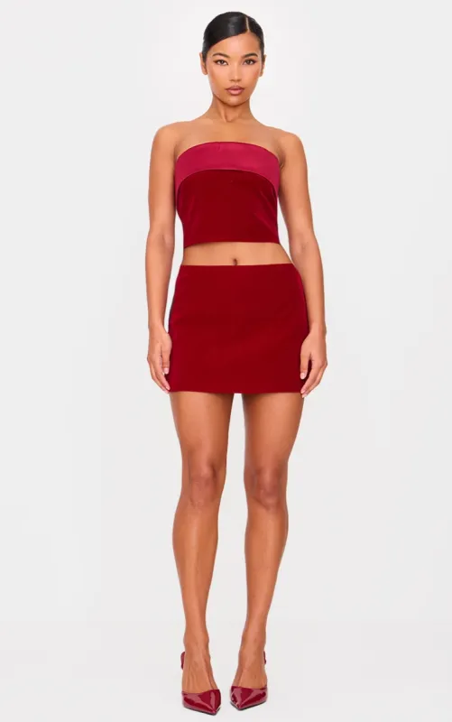 Burgundy Velvet  A Line Mini Skirt sold by Pretty Little Thing
