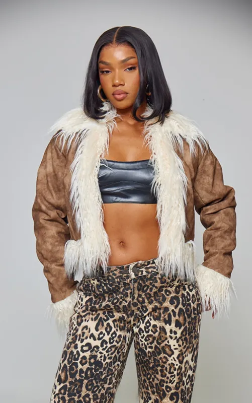 Chocolate Distressed Pu Faux Fur Cuff And Collar Jacket sold by Pretty Little Thing