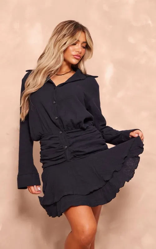 Black Oversized Shirt Frill Detail Shift Dress made by Pretty Little Thing