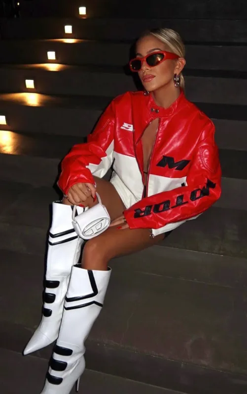 White PU Point Toe Motor Cross Contrast High Heeled Knee Boots sold by Pretty Little Thing