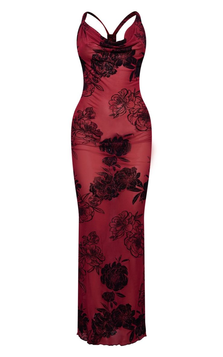 Burgundy Floral Flocked Glitter Sheer Knot Detail Maxi Dress sold by Pretty Little Thing product image thumbnail 5