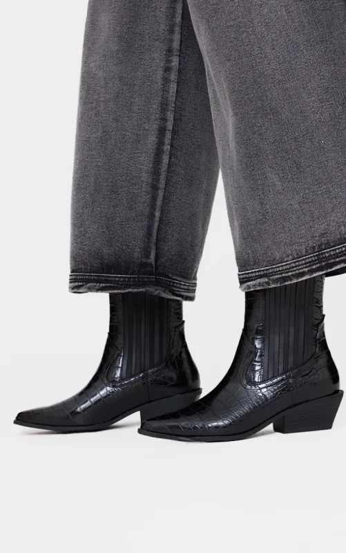 Black Croc PU Point Toe Low Block Heel Western Ankle Boots sold by Pretty Little Thing