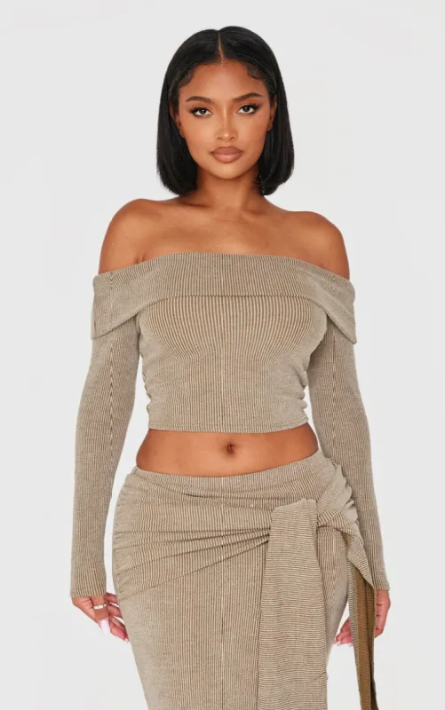 Shape Khaki Rib Fold Over Long Sleeve Top made by Pretty Little Thing