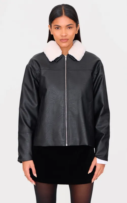 Black Detachable Faux Fur Collar Faux Leather Jacket sold by Pretty Little Thing