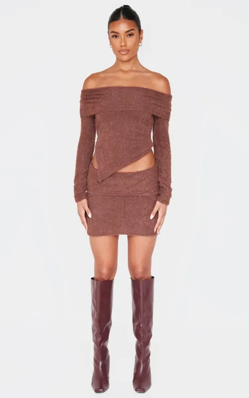 Chocolate Fluffy Fold Over Mini Skirt sold by Pretty Little Thing