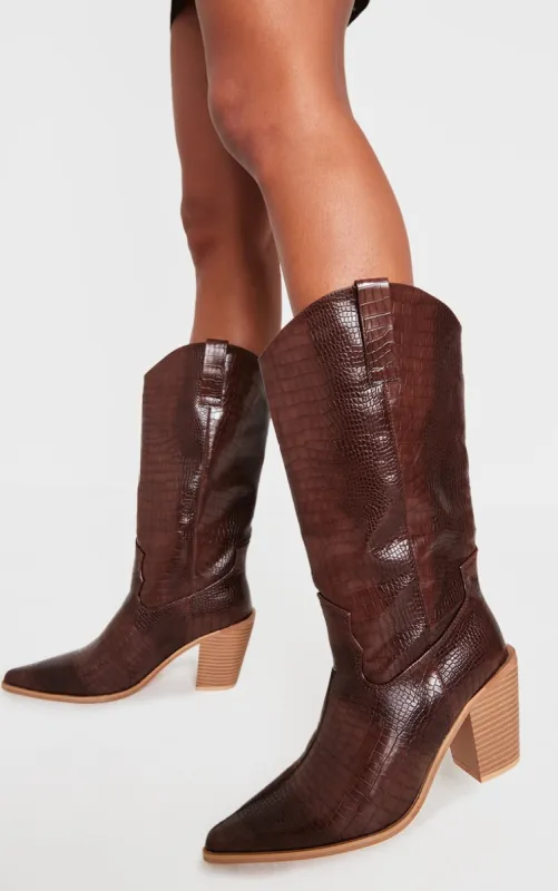 Brown PU Wide Fit Croc Point Toe Knee High Western Boots sold by Pretty Little Thing