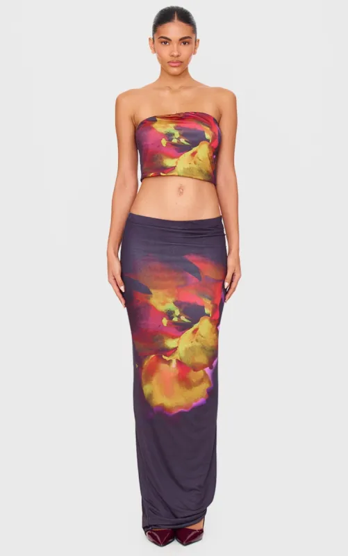 Black Floral Print Double Layer Slinky Maxi Skirt  sold by Pretty Little Thing