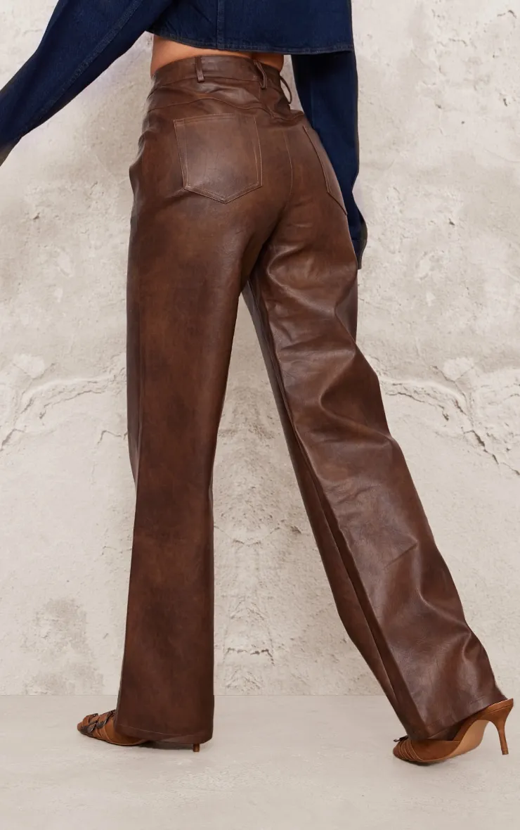 Chocolate Washed Faux Leather Straight Leg Trousers sold by Pretty Little Thing product image thumbnail 3